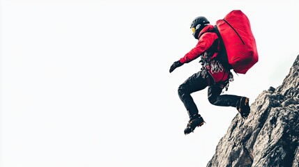 Climber Leaping Across a Gap in a Rocky Mountain Face