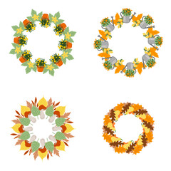 Vector set of Autumn wreaths isolated on white background. Perfect for holiday greeting cards, Thanksgiving decoration print set