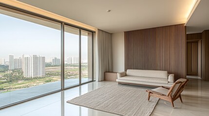Fototapeta premium Modern, Minimalist Living Room Interior with Cityscape View, Large Windows, and Natural Light