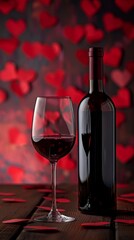 Romantic setting with a glass of red wine and a bottle against a backdrop of heart decorations for a special evening. A valentines wine and dinner advertisement background