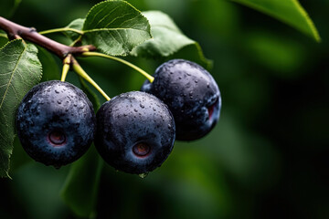 Close-up of three ripe, dark blue plums hanging from a branch with green leaves, covered in water droplets.