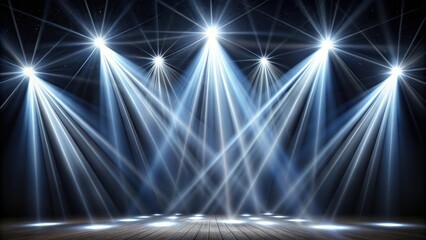 Abstract background of searchlights shining beams of light into the black sky