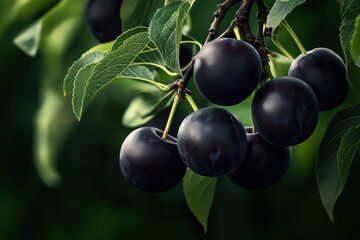 Close-up of ripe black plums on a tree branch with green leaves, set against a blurred natural background.