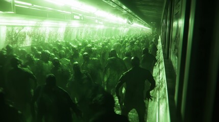 Fototapeta premium Survival Struggle in Crowded Subway Station During Zombie Outbreak - Intense Cinematic Lighting Captures Panic Among Survivors and Frightened Crowd