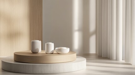 A serene interior scene featuring a minimalist display of white pottery on a wooden platform, illuminated by soft natural light.
