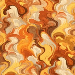 A vibrant abstract pattern featuring swirling shades of orange, yellow, and brown, ideal for use in design projects, backgrounds, or prints to create a warm, dynamic visual appeal,