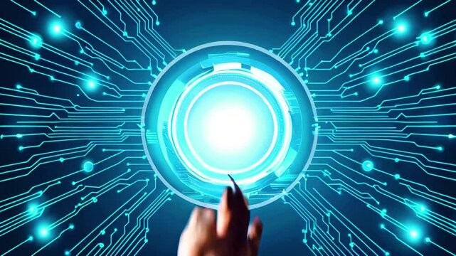 A hand reaching out to touch a glowing blue circle surrounded by a network of glowing blue lines.
