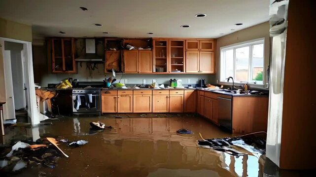 Flooded kitchen with damaged ceiling and cabinets.