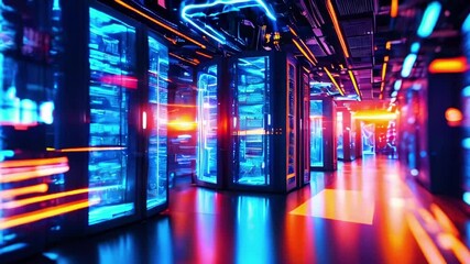 Server room with blue and red lights, showcasing data transfer and processing in a modern technology center. - Powered by Adobe