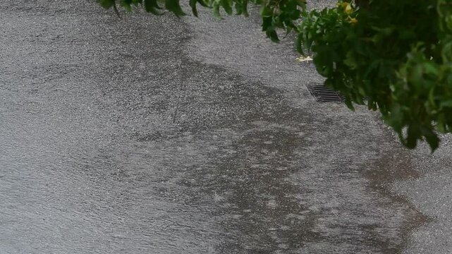 Rainy weather in a mountain village in France in the Auvergne Rhone Alpes region. Rain in autumn.