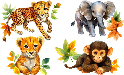 Obraz premium A set of watercolor illustrations, featuring various animals with tropical flowers and leaves