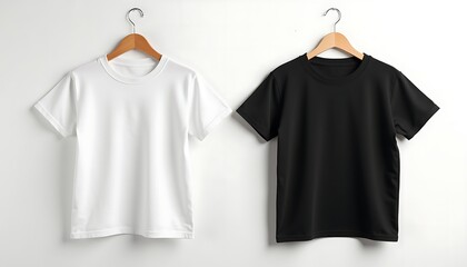 White and black short sleeves t-shirt for kids hanging on white background