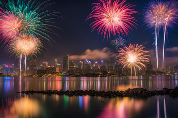 Nighttime cityscape with colorful fireworks, Festive night cityscape with bursting fireworks, Fireworks Pollution Photos.
