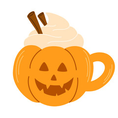 Halloween mug. Pumpkin with whipped cream and cinnamon for hot cocoa, coffee and tea. Flat cartoon illustration isolated on the white background