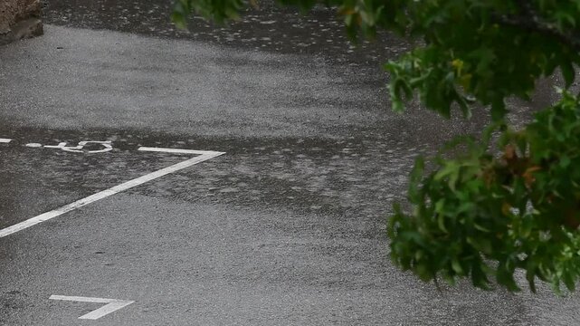 Rainy weather in a mountain village in France in the Auvergne Rhone Alpes region. Rain in autumn.