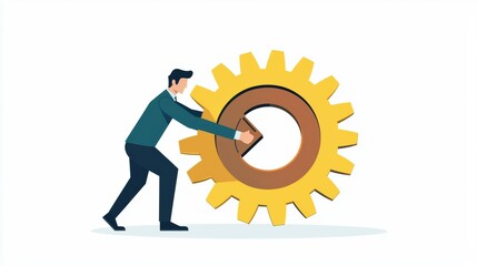 A businessman pushing a giant gear forward, progress and innovation concept, vector design, bold shades, isolated on white background., minimalist,