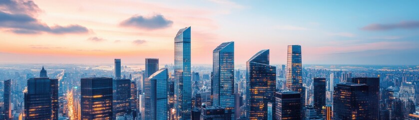 Obraz premium A stunning skyline view featuring tall skyscrapers under a vibrant sunset, showcasing the beauty of modern architecture.