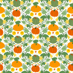 Seamless pattern with pumpkin patch, flowers on white background. Perfect for wallpaper, gift paper, autumn greeting cards.