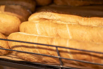A variety of bagels are currently sitting on a shelf in a bakery