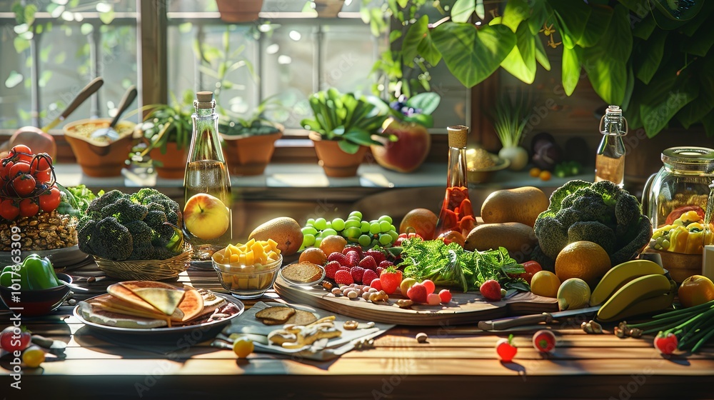 Poster a rustic wooden table is adorned with a colorful array of fruits, vegetables, nuts, and balanced mea