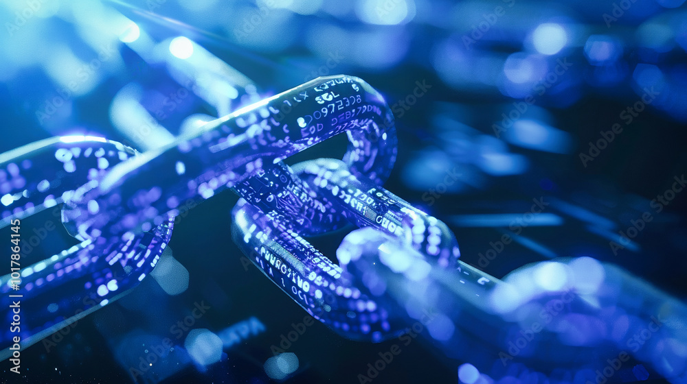 Poster digital blue chain with binary code on a dark background