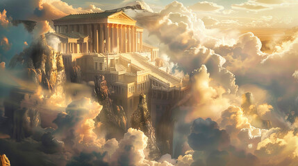 Mount Olympus, the magnificent house of the greek gods, surrounded by clouds