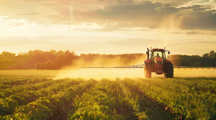Naklejka premium A tractor spraying water or chemicals on a vegetable field