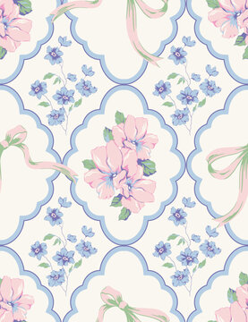 Vector coquette flowers pattern.Colorful seamless grandmillennial pattern. Perfect for greetings, invitations, manufacture wrapping paper, textile and web design. Vector preppy pattern.