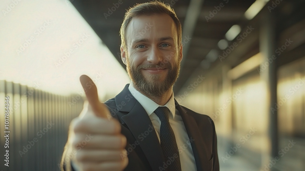 Wall mural Smiling Businessman Giving Thumbs Up in Urban Setting