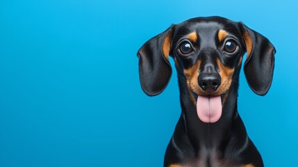 Black and tan Dachshund with tongue out, smiling against a bright blue background