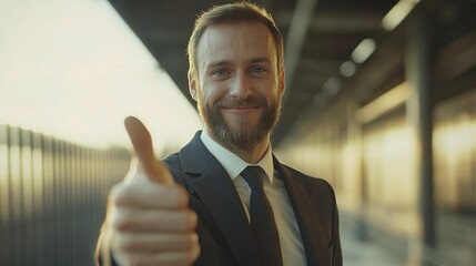 Fototapeta premium Smiling Businessman Giving Thumbs Up in Urban Setting