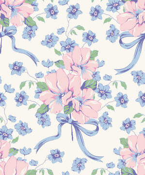 Vector coquette flowers pattern.Colorful seamless grandmillennial pattern. Perfect for greetings, invitations, manufacture wrapping paper, textile and web design. Vector preppy pattern.