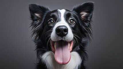 Fototapeta premium Border Collie smiling with tongue out, against a grey background