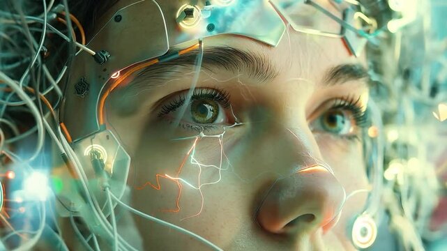 Portrait face of woman futuristic AI cyborg have a lot of cables and wires, Woman with cyborgized brain	