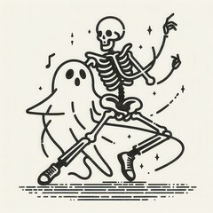 A whimsical illustration of a dancing skeleton and ghost, capturing a fun, spooky vibe with musical notes and playful movement.