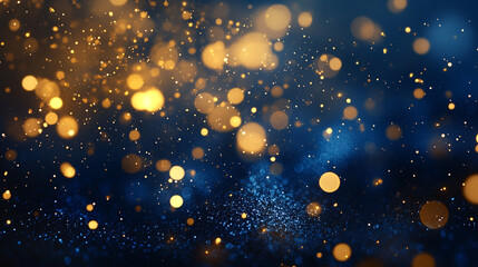 Navy Blue Glitter Dust with Golden Shimmer, Abstract Background, The magical night dark blue frame is adorned with sparkling glitter bokeh and light art,