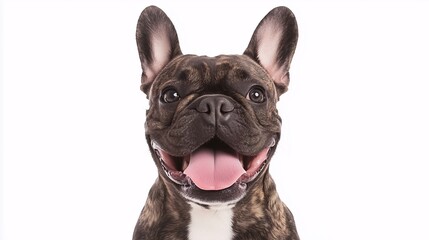 French Bulldog with a big smile, tongue out, against a white background