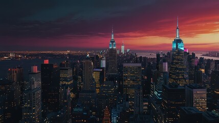 Fototapeta premium An aerial view of a city skyline at sunset with the city lights illuminating the buildings and the sky glowing with a warm orange and pink hue.