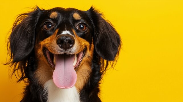 Happy mixed breed dog with long hair, tongue out, smiling on a yellow background