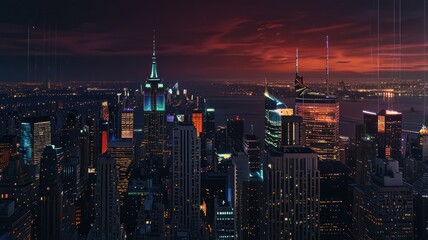 A panoramic view of a cityscape at twilight, illuminated by the glow of city lights.