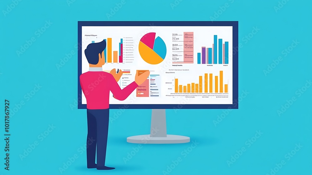 Poster man presenting data on a large screen with charts and graphs