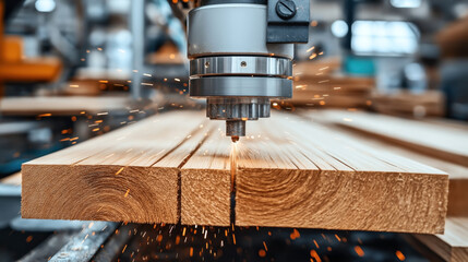Close-up of an industrial CNC machine cutting wooden planks, with sparks flying, in a woodworking factory. The process of precision cutting is in focus.