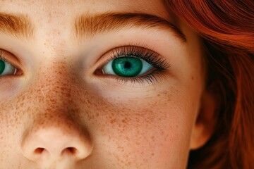 Fototapeta premium Woman with red hair and red lipstick. She has red stars on her face. She has green eyes. Ethereal portrait of redhead woman merging with starry universe