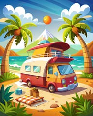 A red and yellow camper van is parked on a beach near palm trees