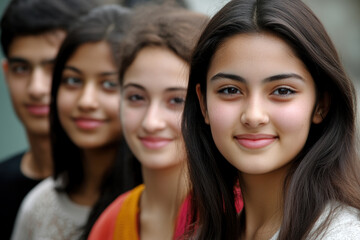 Obraz premium Group of Smiling Teen Friends Standing in a Line Outdoors, A diverse group of smiling teenagers standing in a line, each looking toward the camera, radiating confidence and friendship in an outdoor
