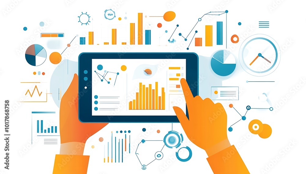 Poster hands analyzing data on a tablet surrounded by charts and graphs