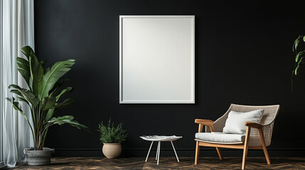 Cozy living room with a white fabric couch, two wooden armchairs, a round wooden coffee table, A blank frame mockup in a modern interior with a trendy vase and chair against an empty white wall.chair 