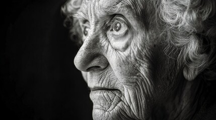 A black and white portrait captures the detailed, expressive face of an elderly woman, embodying wisdom and the passage of time in a classic artistic style.