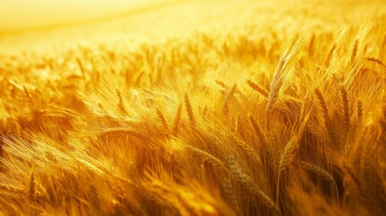 This photograph showcases a vast golden wheat field gently swaying in the wind, illuminated by warm sunlight, representing abundance and tranquility.