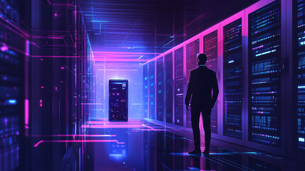 Explore a futuristic cityscape where AI and human connections are made through hands and fingers on touch screens, Man Standing in Long Hallway in Data Center.